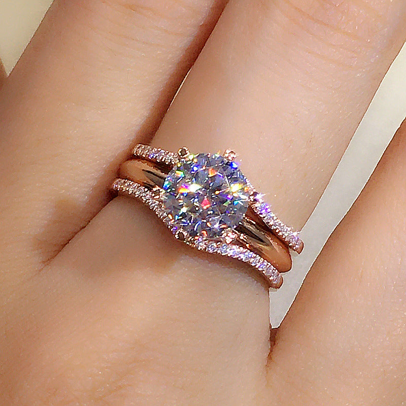 Elegant Six-Claw Cubic Zirconia Engagement Ring – Rose Gold Plated